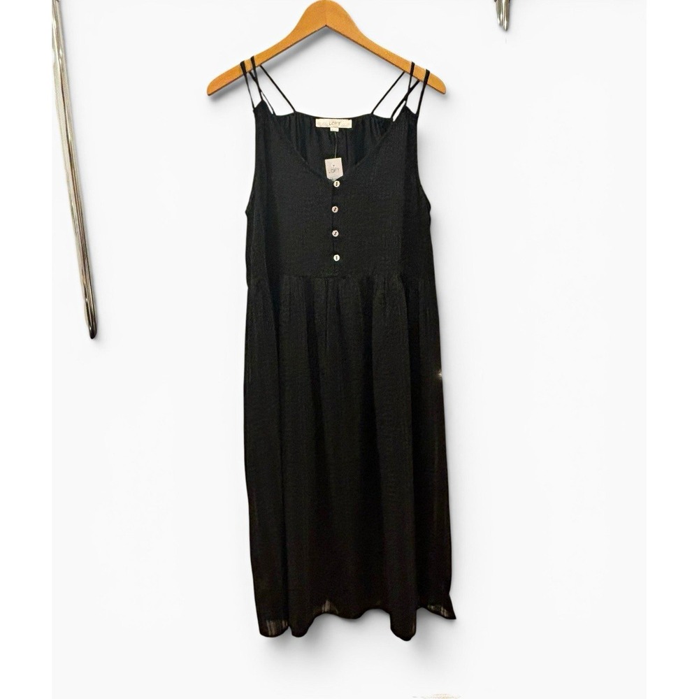 LOFT Black Spaghetti Strap V-Neck Button Front‎ Lined Midi Dress Size 10